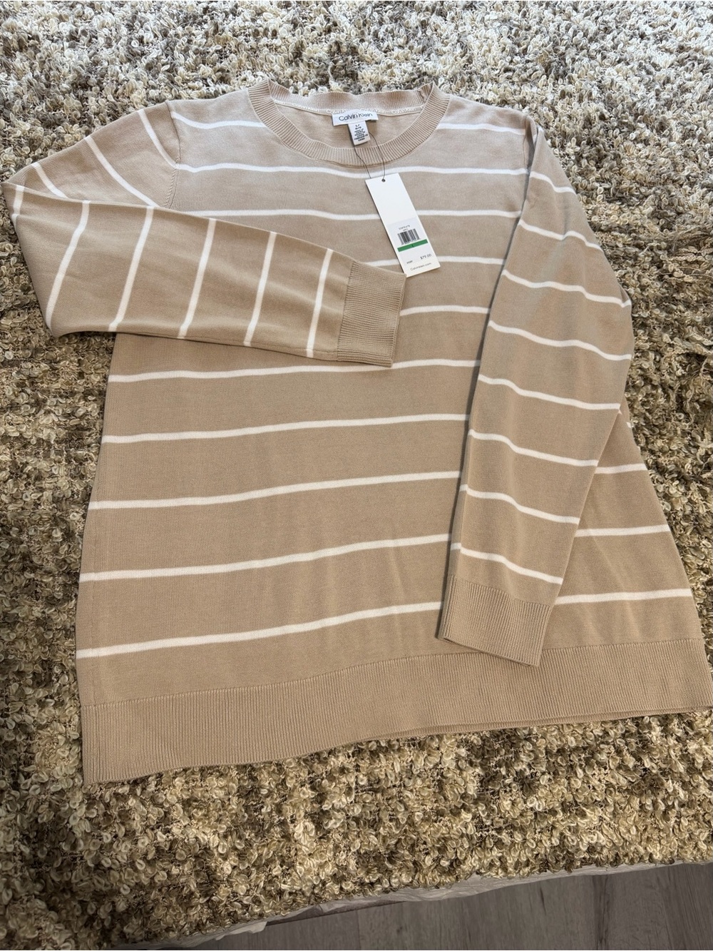 Calvin Klein Women's Beige and White Striped Crewneck Sweater